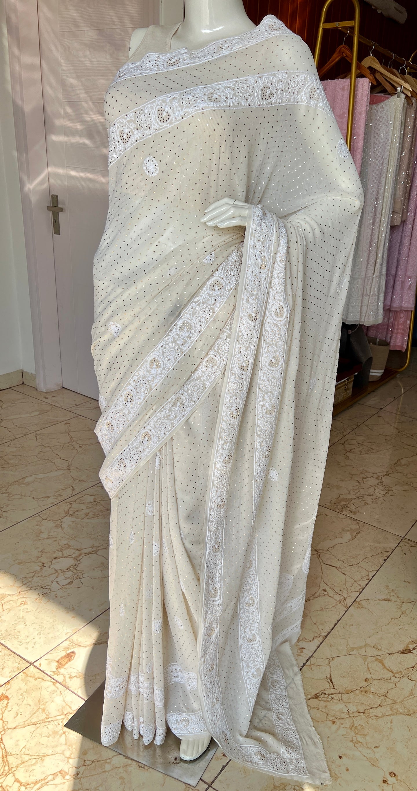 Ivory Ruhani Allover Fine Chikankari and Bareek Mukaish Saree